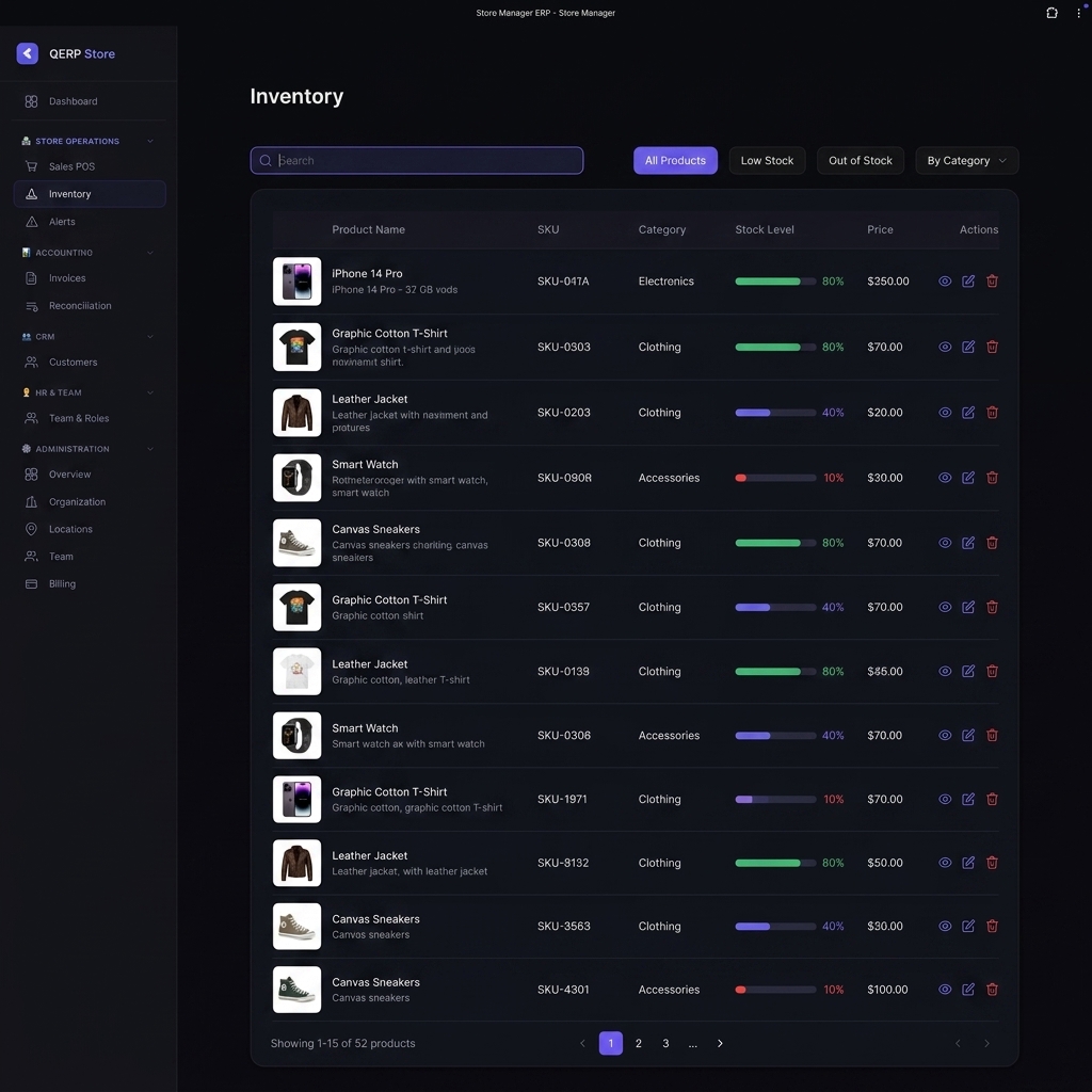 QuadERP Inventory Management screen