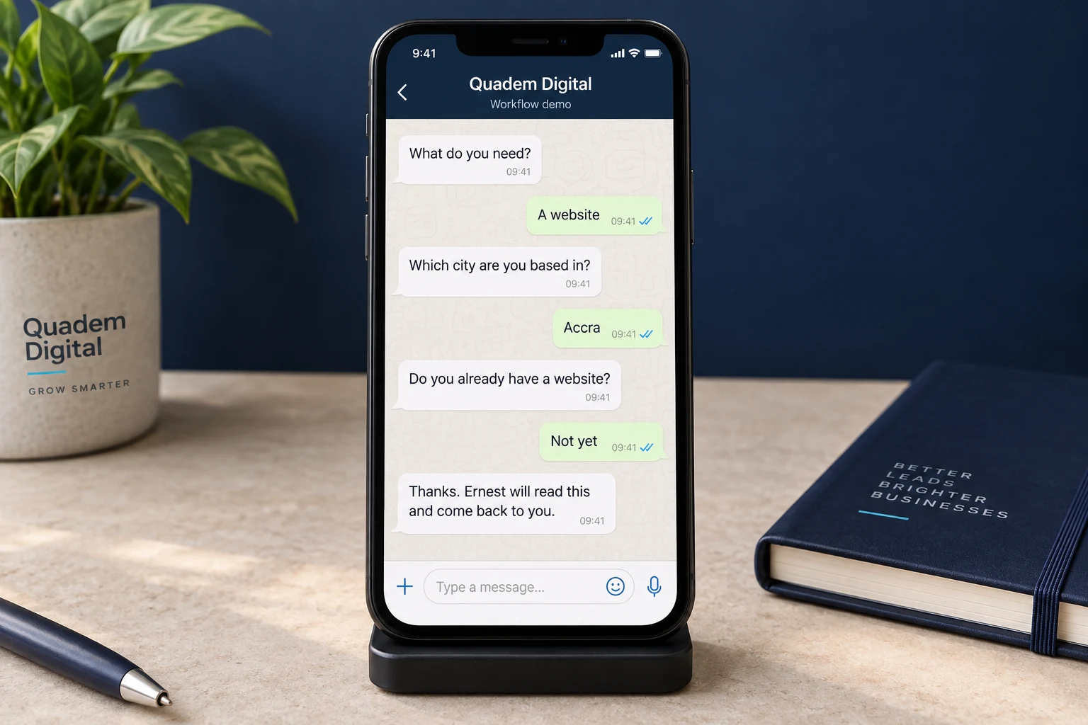 Demonstration of Quadem’s WhatsApp intake workflow, collecting a service need, city and website status before handing over to Ernest.