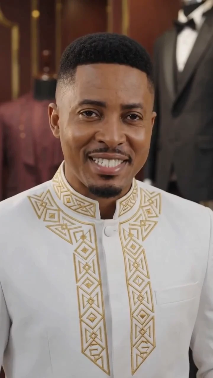 A frame from our clothing advert showing a presenter in an embroidered outfit.