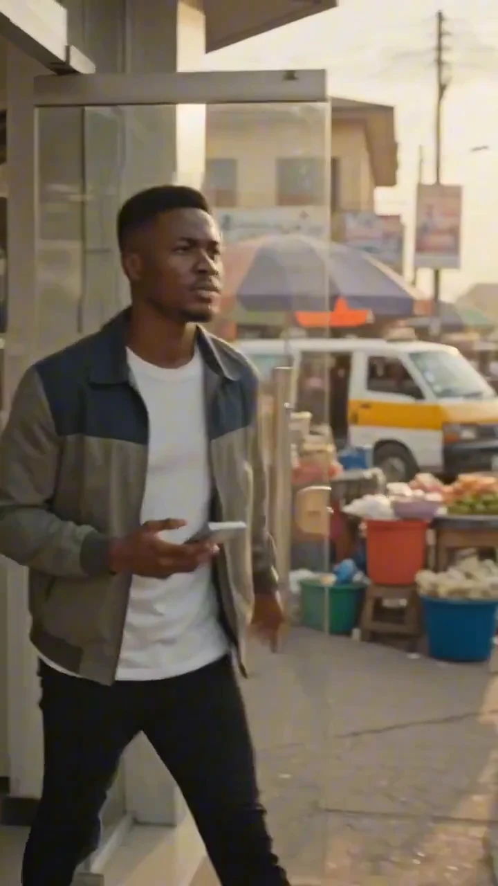 A frame from our video portfolio showing a man at a shop entrance.