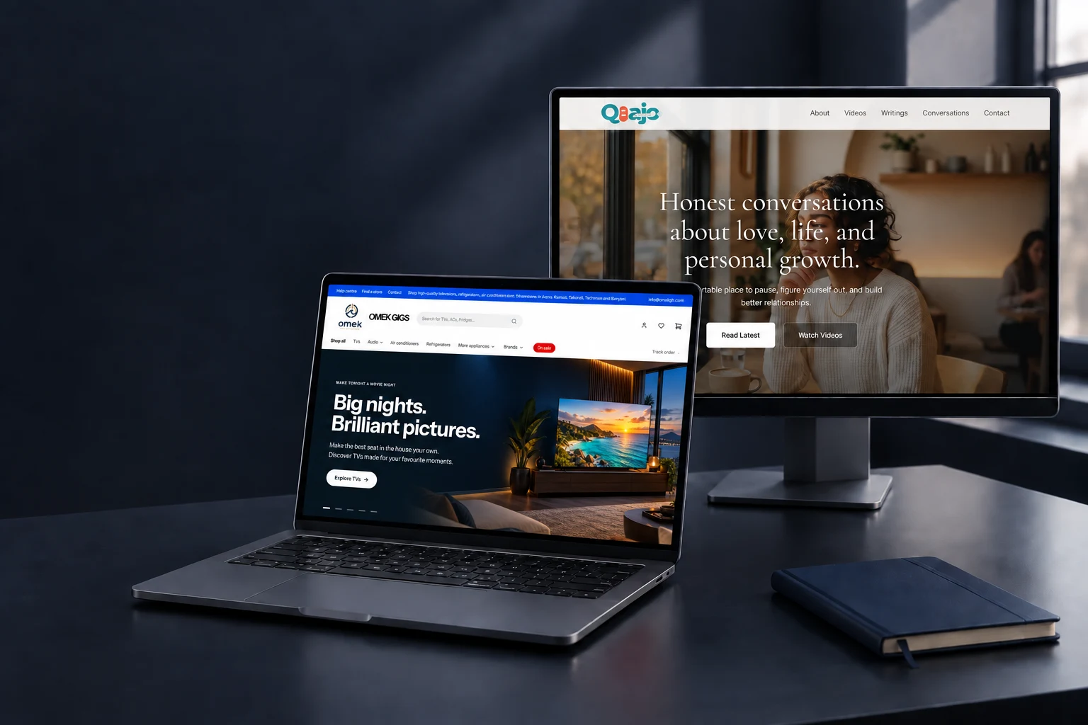Device mockup showing Quadem’s Omek storefront on a laptop and the QuajoSpeaks homepage on a desktop monitor.